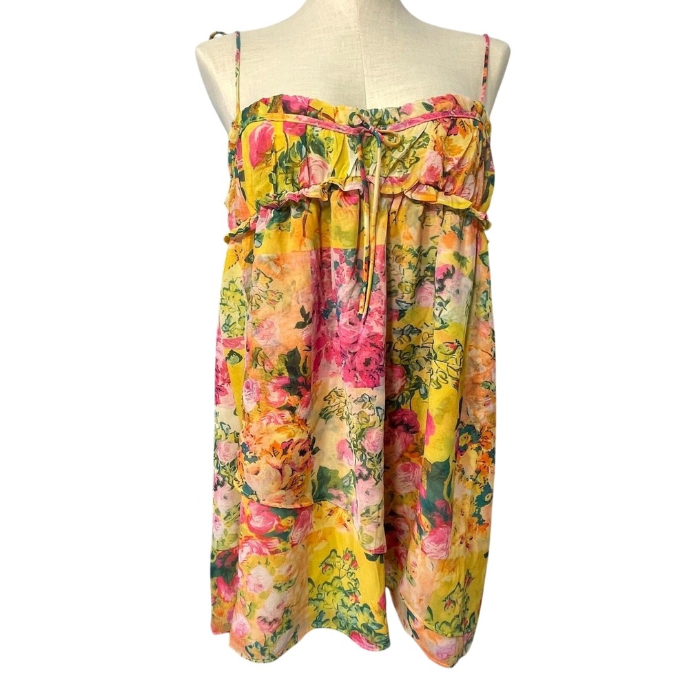 NWT For Love Bell Yellow Floral Chiffon Ruffle Babydoll Slip Mini Dress Large